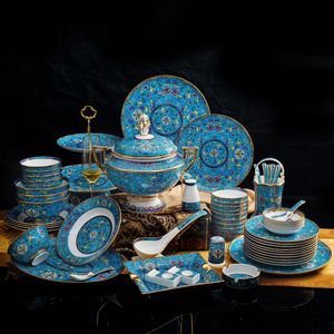 로얄 럭셔리 식기류 세트 도자기 Cloisonne Blue Design Imperial Palace 스타일 에나멜 다이닝 접시 접시 수프 냄비 그릇 세트 선물