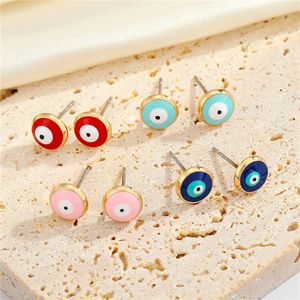 Evil Eye Vintage Lucky Turkish Stud Earrings For Women Rainbow Enamel Crystal Round Party Wedding Couple Jewelry Accessories