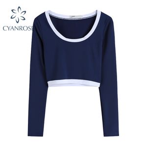 Long Sleeve Crop Tees Women Deep O Neck Blue Streetwear Clubwear Sexy T shirt Female Short Retro Casual Spring Bodycon Tops 210417