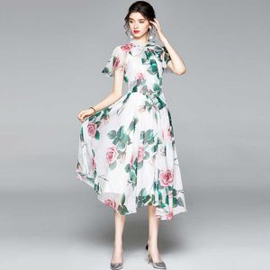 Sommar högkvalitativa klänningar för kvinnor Bow Tie Collar Kortärmad Vintage Rose Floral Print Midi Runway Dress Femme 210529