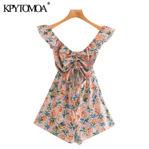 Women Chic Fashion Pineapple Print Hollow Out Playsuits Vintage Backless Elastic Drawstring Female Short Jumpsuits 210416