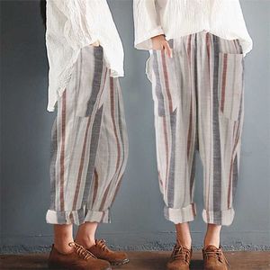 Plus Size Cotton Linen Trousers Women Summer Loose Harem High Waist Stripe Pocket Pant Casual Pantalon Female Sweatpants Trouser 211008