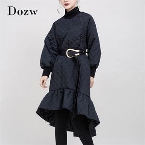 Autumn Winter Loose Padded Dress Women Turtleneck Ruffled Trumpet Midi Patchwork Long Sleeve Chic es 210515