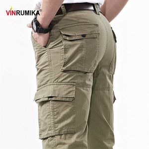 Masculino verão 100% algodão multi-bolso macacão calças homem primavera outono exército verde verde carga calça preto azul longo calças 211112