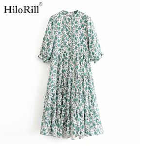 Long Floral Imprimir Chique Vestido Plissado Mulheres Vintage Manga Curta Solta Casual ES Stand Collar Midi Vestidos 210508