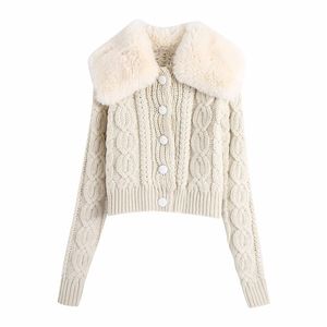 Evfer Moda Fashion Faux Fur Collar Patchwork de malha Za branco Cardigans elegantes senhoras Únicas camisolas elásticas de peito elástico outwear 210421