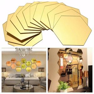 Mirrors 12Pcs 3D Mirror Wall Sticker Home Decor Hexagon Decorations DIY Removable Living-Room Decal Art Ornaments Decorative