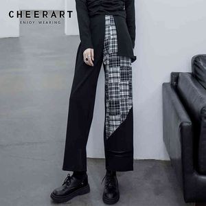 Streetwear 바지 여성 바지 격자 무늬 패치 워크 스트레이트 다리 긴 검은 색 디자이너 패션 210427