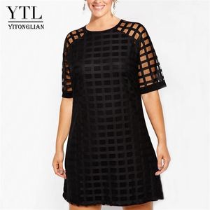 YTL Women Plus Size Dress Black Mesh Short Sleeve Shift Mini Dress Big Size Summer Vintage Party Dresses 4XL 5XL 6XL 7XL H084 210409