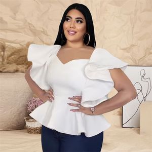 White Blouse Tops Plus Size Women Ruffles Sleeve Peplum Shirts Evening Party Night Out Occasion Blusa Drop Summer 210527