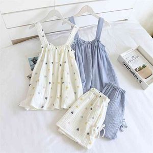 Summer Style Ladies Pajamas Two-piece 100%Cotton Crepe Suspender Shorts Vest Suit Sweet And Loose Home Service Sexy Pjs 210809
