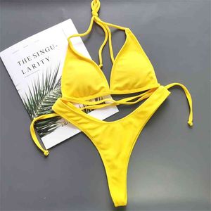 Tanboby Brazilian Swimming Suits High Cut Micro Beach Biquinis 2 Piece Bandage Top+Yellow Thong Bikinis 210621