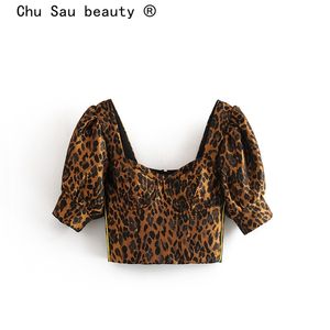Chu Sau beauty Fashion Blogger Style Leopard Print Summer Short Tops Women Casual Chic Puff Sleeve Sexy Crop Shirts Female 210508