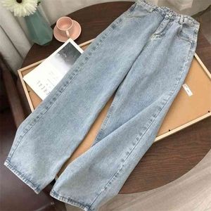 Luz azul denim calças vintage largo perna calça coreano reta longa cintura alta casual solta com cinto outono 210809