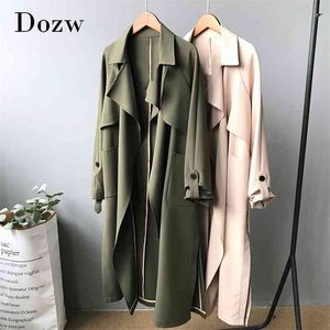 Elegante einfarbige Windjacke Frauen Mantel mit Taschen Mode Split Saum Schärpen Outwear Casual Long Trench 210515