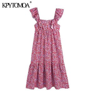 女性シックなファッションフローラルプリントフリルミディドレスノースリーブバックジッパー女性ドレスvestidos Mujer 210420