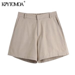 Kpytomoa女性のシックなファッションサイドポケットバミューダショーツビンテージ高弾性ウエストジッパーフライ女性ショートパンツMujer 210719