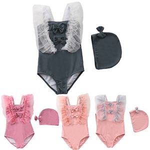 Maluch Niemowlę Strój kąpielowy Bow One-Pieczęci Koronki Kids Swimwear Pływanie + Kapelusz 2 Sztuk Kostium Letnie Girls Cute Bikini 210417