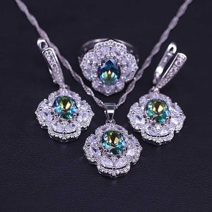 Многие цвета цирконы хрустальные серебряные цветные костюмы ювелирных наборов для женщин серьги кольцо ожерелье набор с подвесной свадебные украшения H1022