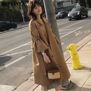 Drop Shipping Korean Style Ladies Turndown Collar Trench Coats Flare ärmar Kvinnor Långt Loose Female Windbreaker Ytterkläder G4it