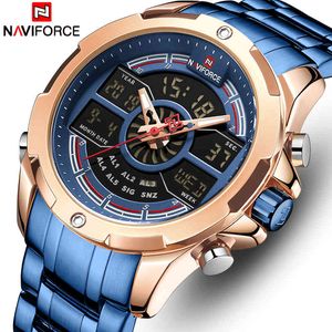 NaviForce Mężczyźni oglądają pełne stalowe kwarcowe zegarki na nadgarstki Wojskowy Dual Display Waterproof Sport Cyfrowy zegar męski dla mężczyzn 210517