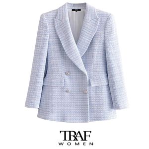 TRAF Za Women Fashion Double Breasted Tweed Check Blazer Coat Vintage Long Sleeve Pockets Female Outerwear Chic Veste 211019