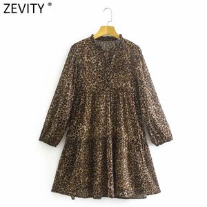 Kvinnor vintage spets upp o nacke leopard print chiffong mini tröja klänning kvinnlig chic pleat ruffles casual party vestido ds8151 210416