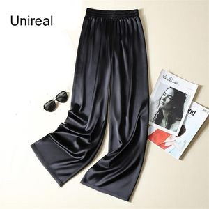 Unireal verão mulheres largas pernas calças altas cintura calças casuais streetwear seda preta cetim elegante longo palazzo 210925