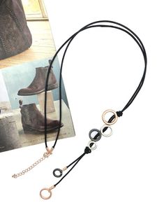 Matt tenn ros guldpläterad färger loop hänge lång vintage halsband med svart läder för kvinnor smycken flicka gåva tum halsband