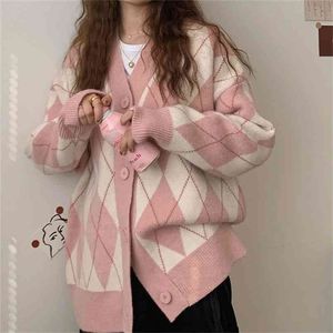 Argyle Cardigan Women Knitted Sweater Loose Single Breasted Students V-neck Lovely Knitwear Korean Oversize Winter Tops 210914