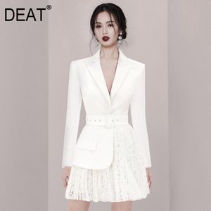 Fashion Korean Style Solid White Temperament Waist Long Sleeve Suit Dress Women Spring And Summer GX1255 210421