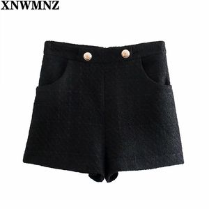 Women Fashion Textured bermudas High-waist shorts Female Vintage Black With Pockets Buttons Zipper Short Pants Mujer 210520