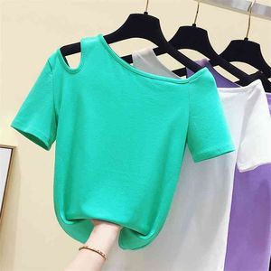 WWENN Yaz Kısa Kollu Seksi T-Shirt Kadın Kapalı Omuz Katı Renk Tees Tops Kadın Temel Pamuk Tişörtleri Lady Mor Yeşil 210507