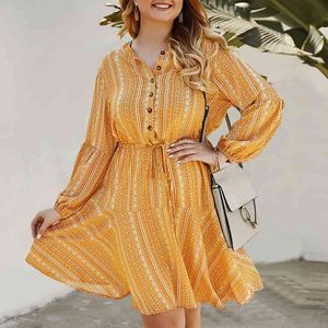 XL-4XL Soft Yellow Boho Kvinnor Klä Lös Långärmad Drawstring Elastisk Midja Mini Lady Dresses Vestios W196 210526