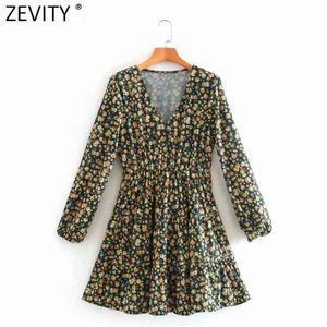Women Sweet V Neck Country Style Floral Print A Line Dress Femme Long Sleeve Pleats Mini Vestido Chic Cloth DS4696 210420