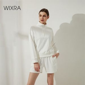 Wixra Womens Cotton Sweatshirs 단단한 느슨한 긴 소매 봄 캐주얼 모든 경기 후드 레이디 패션 탑 210728