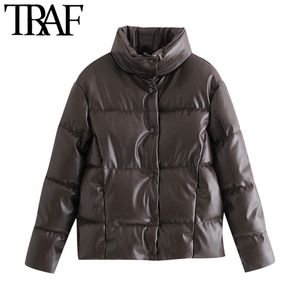 TRAF Kadınlar Moda Kalın Sıcak Faux Deri Yastıklı Ceket Gevşek Parka Ceket Yüksek Yaka Uzun Kollu Kadın Giyim Şık 210415 Tops