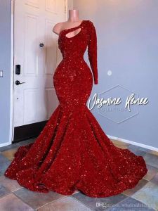 Vestidos de baile vermelhos escuros Sparkly lantejoulas sereia 2022 Designer um ombro mangas compridas personalizadas vestidos de festa de noite plus size vestidos