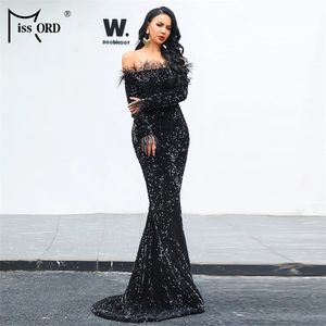 Missord Sexy Off Shoulder Feather Long Sleeve Sequin Dress Floor Length Evening Party Maxi Reflective Dresses Pure Black 210915