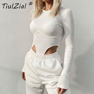 TiulZial O Neck High Waist Sexy Jumpsuits Bodysuit Ribbed Knitted Women Autumn Body Female For Woman Hollow Out Top White Gray Women s Jumpsuit