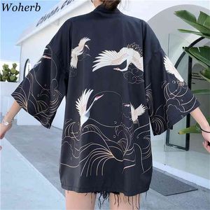 Japon Kimono Kadınlar Harajuku Gömlek Naklası Bluzlar Gevşek Casual Tops Cosplay Kemer Ile 210519