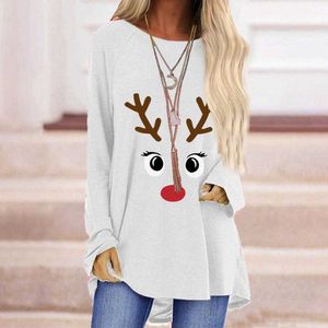 Moda Noel Geyik Santa Baskı kadın T-shirt Rahat Gevşek Uzun Kollu Rahat Üst Artı Boyutu S-3XL W768 210526