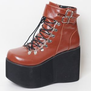 11 cm yüksek topuk lace up ayak bileği çizmeler tıknaz platformu bayanlar retro goth punk kama patik