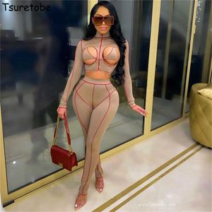 Tsuretobe Sexy Club Outfits для женщин Пэчворк Урожай Высокопользовательские Леггинсы Высокая Набор набор 2 шт Набор Женщин Полые подходящие наборы Y0625