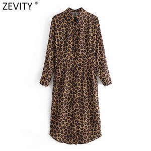 Kobiety Vintage Turn Down Collar Leopard Print Casual Koszula Sukienka Damska Chic Długie Rękaw Platy Midi Vestido DS5001 210416