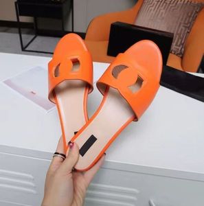 Real leather flat slippers fashion letters hollow sewn sandals Summer Exhibition party beach shoes designer shoes delivery box 35-45