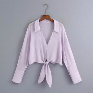 Women's Shirt Blouse Autumn New Purple Bow Crop Top Shirts Office Ladies Long Sleeve Turn Down Collar Chic Streetwear Blusa 210419