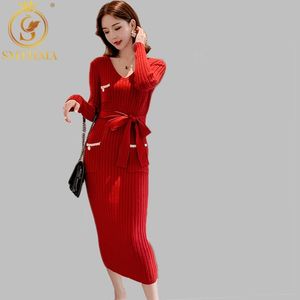 Winter Dress Women Knitted Sweater Sexy V-Neck Christmas Vestidos Long Sleeve Casual Lady Free Belt 210520