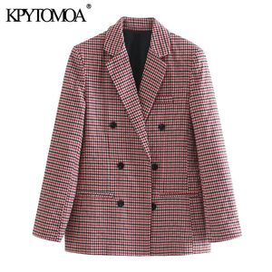 Frauen Mode Büro Tragen Zweireiher Plaid Blazer Mantel Vintage Langarm Taschen Weibliche Oberbekleidung Chic Tops 210416