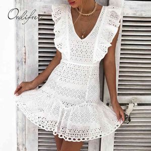 Sommer Frauen Weiß Spitze Rüschen Ärmellose Kurze Sexy Bodycom Mini Party Kleid 210415